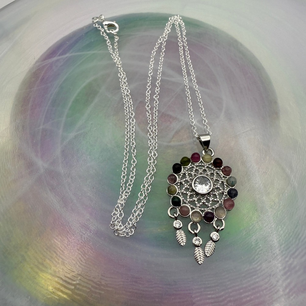 Fluorite Silver Dreamcatcher Necklace Colorful Gemstone Pendant Fashion Jewelry